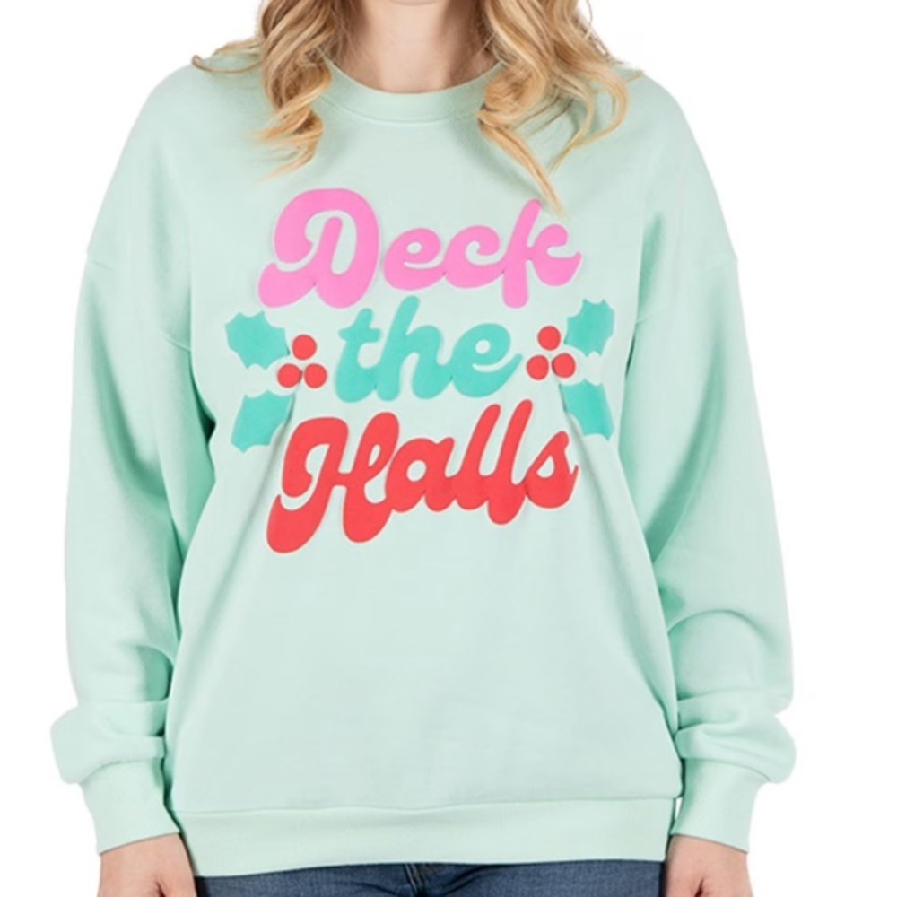 NWT STATE OF MINE Green Deck The Halls Festive Holiday Sweatshirt Size Medium